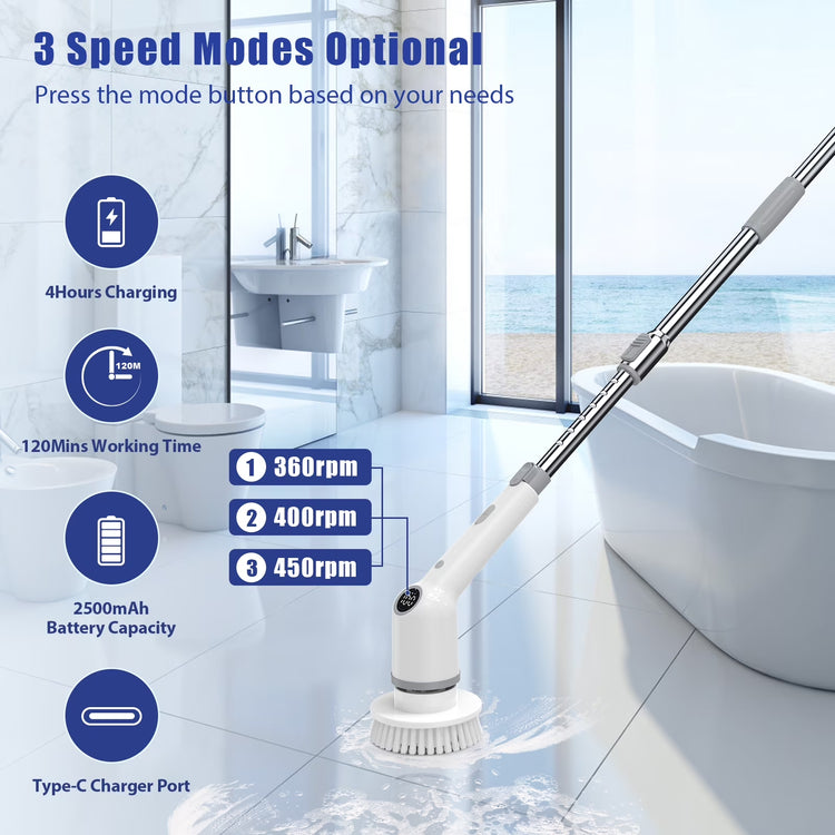 Electric Spin Scrubber, 450RPM Cordless Power Scrubber with Adjustable Handle 8 Heads Shower Cleaning Brush for Bathroom Floor